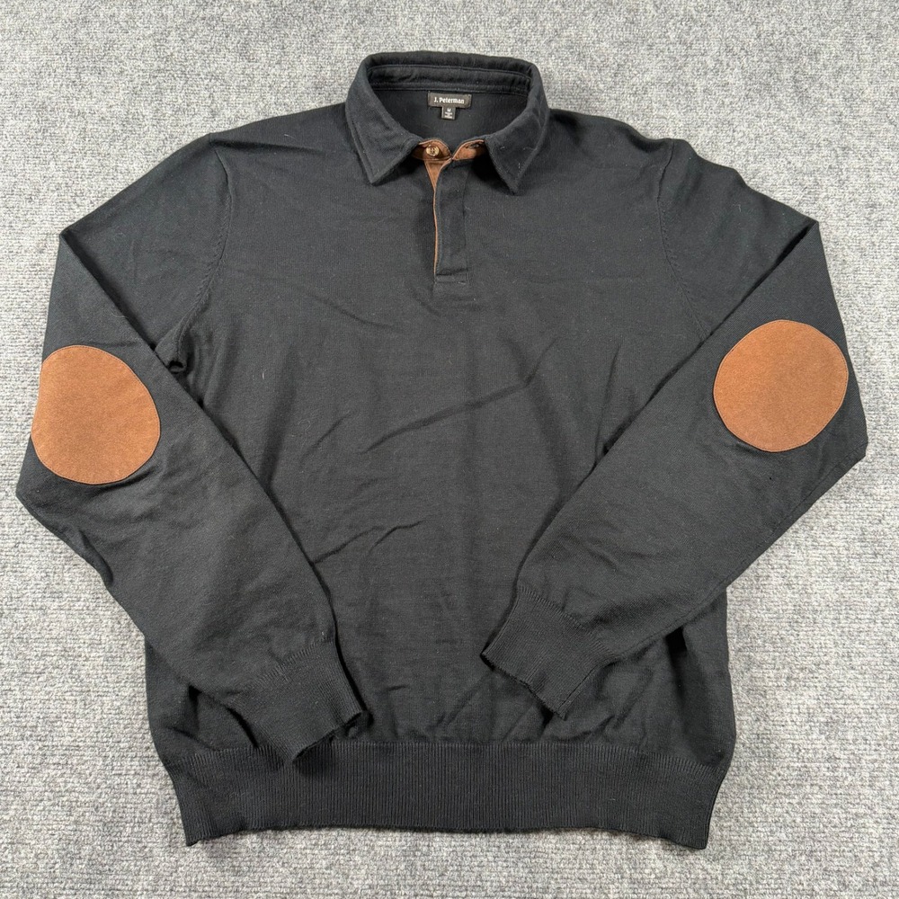 J. Peterman Polo Sweater Mens Medium Black Cotton Cashmere Elbow Patch Pullover